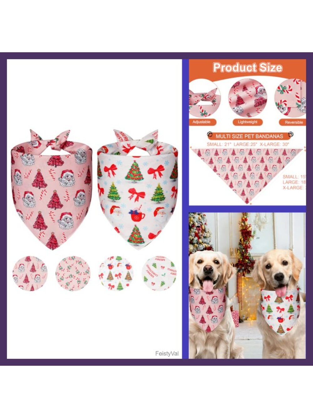2pc Christmas Dog Bandanas Reversible Polyester Large Scarf Set